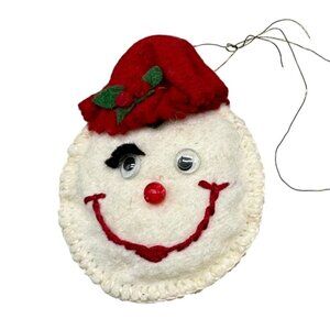 Vintage snowman head handmade tree ornament holly red white 2.25x3" felt READ